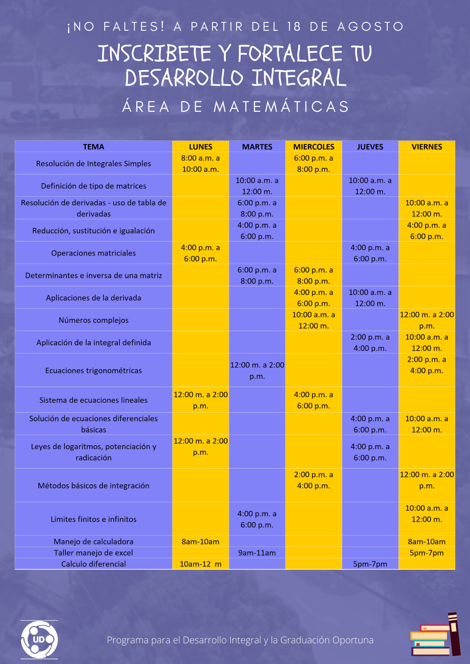 Cronograma de asesorías del área de Matemáticas